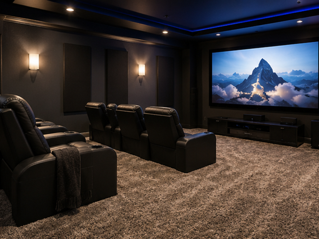 Dedicated home theater with plush wall-to-wall carpet, leather recliners, acoustic wall panels, and a large projection screen.