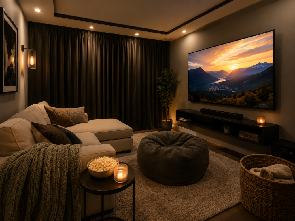 Small cozy movie room with a compact sectional sofa, bean bag chair, blackout curtains, soft lighting, snack table, storage basket, and large wall-mounted screen