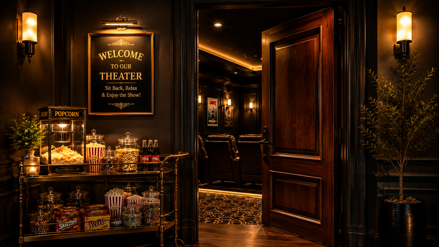 Open solid wood door leading into a dark home theater with leather seating, warm lighting, a welcome sign, popcorn machine, and stocked movie snack cart.