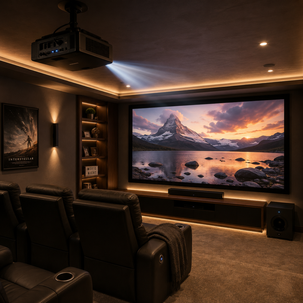 Home theater projector screen with a soundbar, subwoofer, and comfortable seating