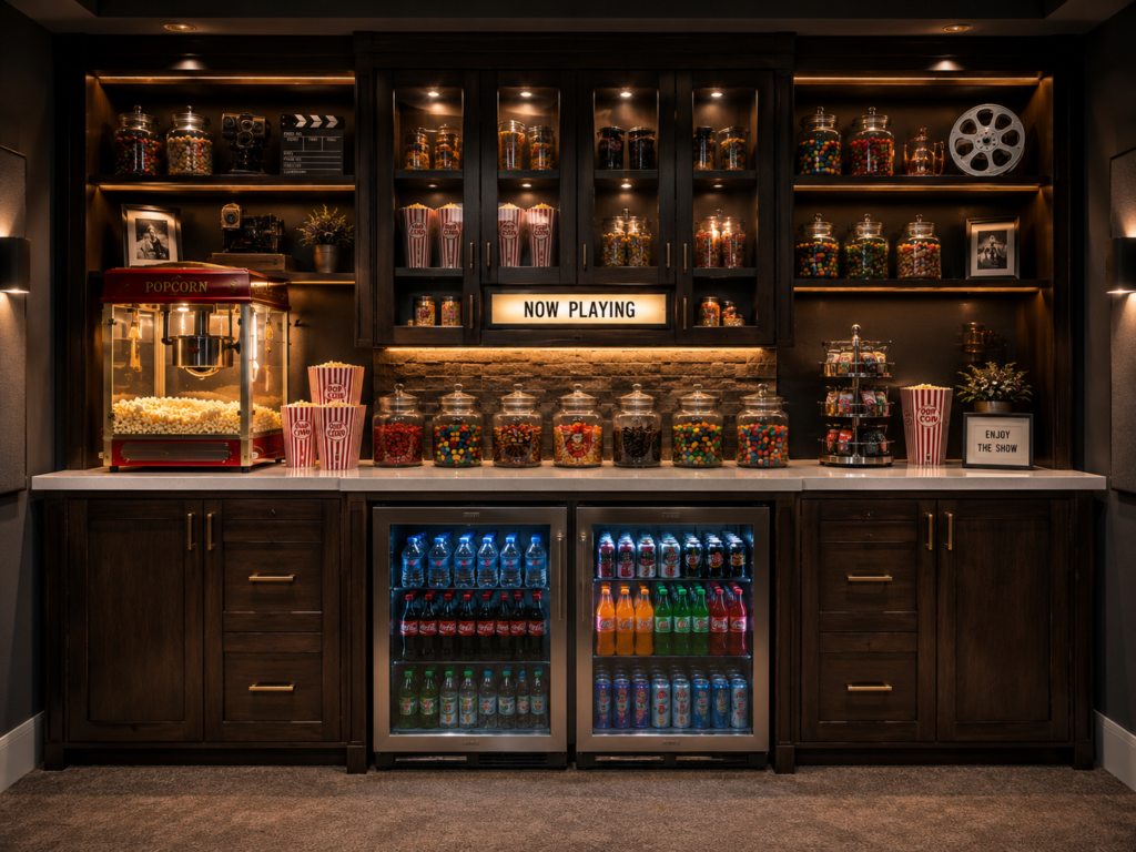 A built-in dark wood snack bar along the back wall includes glass-front cabinets, popcorn equipment, beverage coolers, and storage.