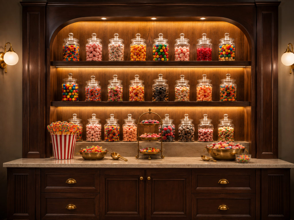 A polished cinema candy display uses rows of clear jars and dark cabinetry with warm shelf lighting.