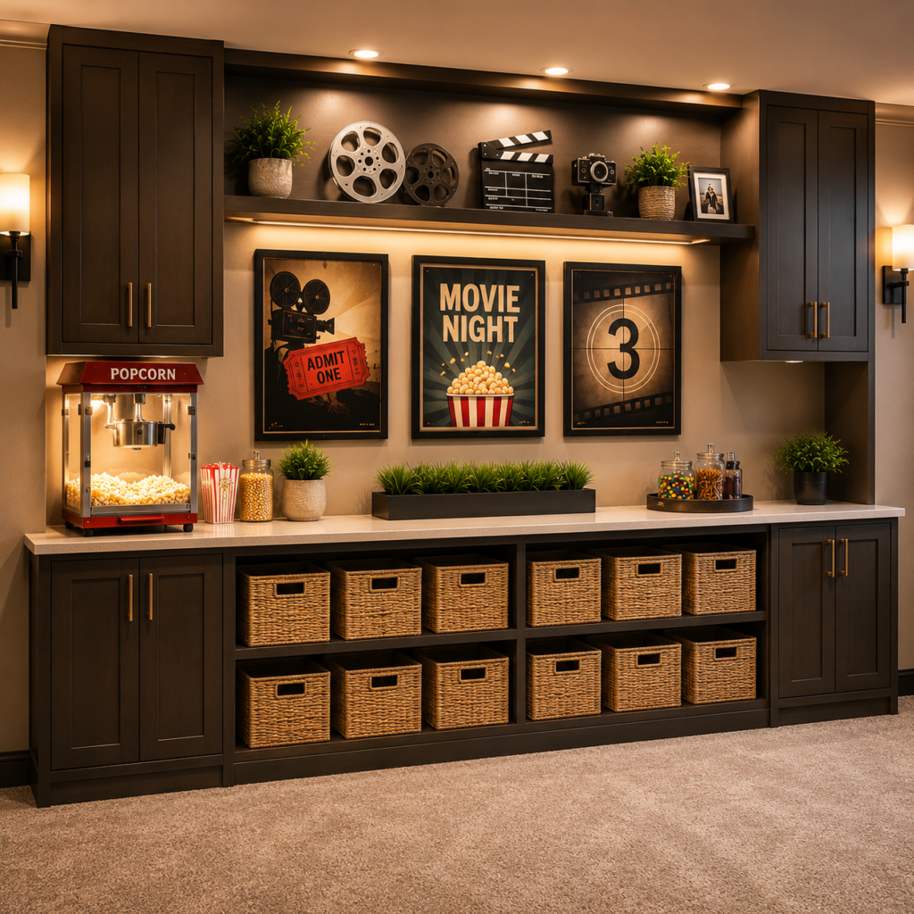 A bright home theater storage wall with dark built-in cabinets, woven storage baskets, a countertop popcorn machine, snack jars, movie-themed artwork, and illuminated shelving for organized movie-night supplies.