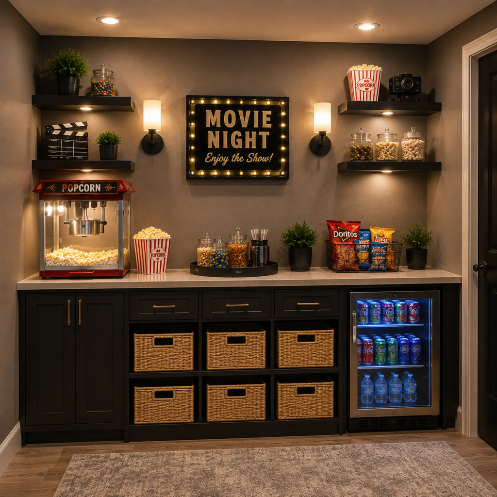 A bright home theater storage wall with dark built-in cabinets, woven baskets, a popcorn machine, snack jars, movie artwork, and illuminated shelving.