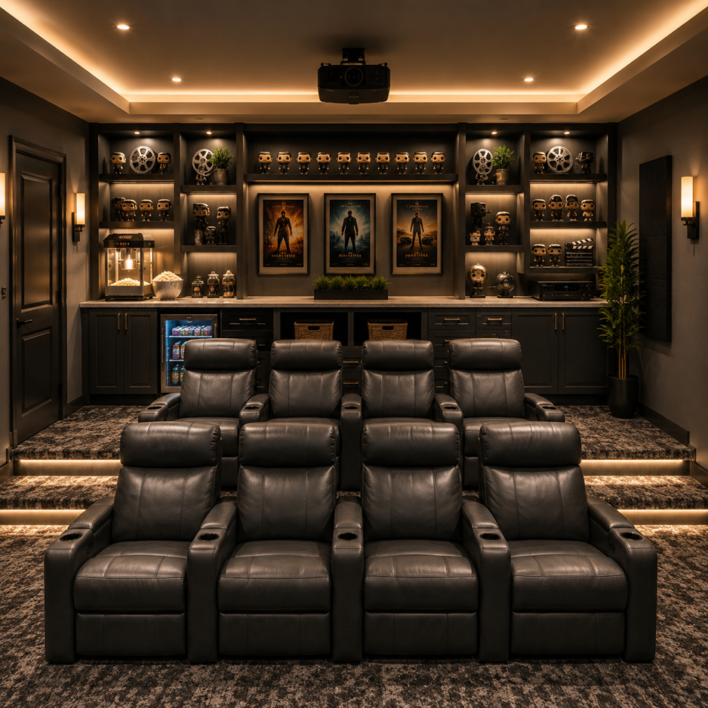 A home theater snack cabinet with dark built-in cabinetry, a countertop popcorn machine, candy jars, a glass-front beverage fridge, open shelving, and warm accent lighting arranged for convenient movie-night storage and serving.