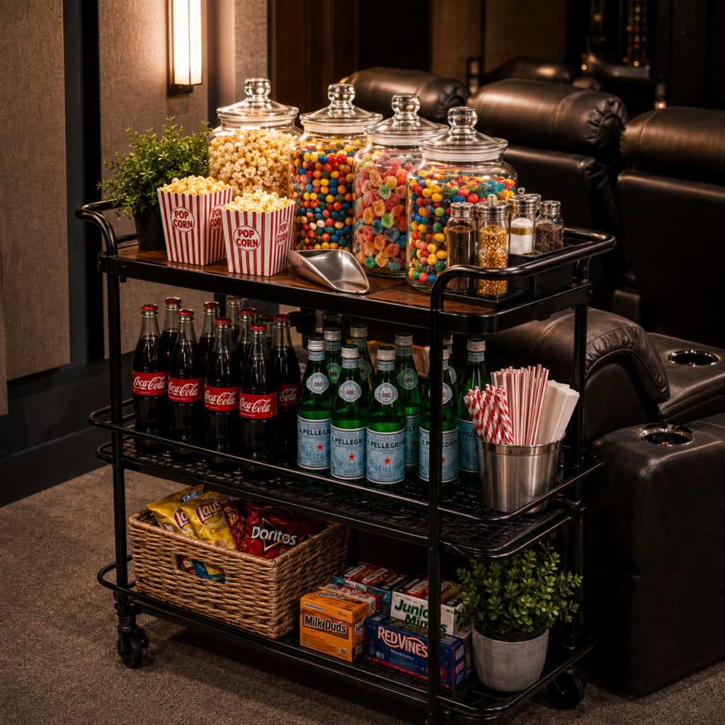 A black rolling cart beside home theater recliners holds glass candy jars, popcorn containers, cups, and bottled drinks.