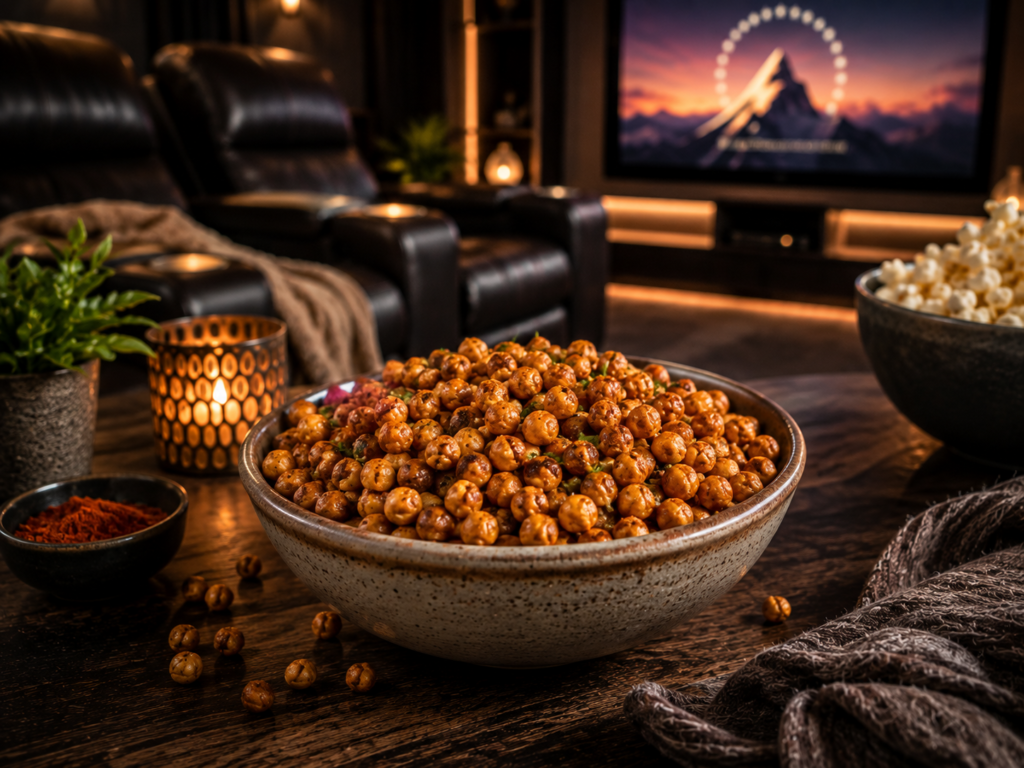 Bowl of crispy roasted chickpeas seasoned with herbs and spices served on a cozy home theater snack table with popcorn and theater seating in the background.