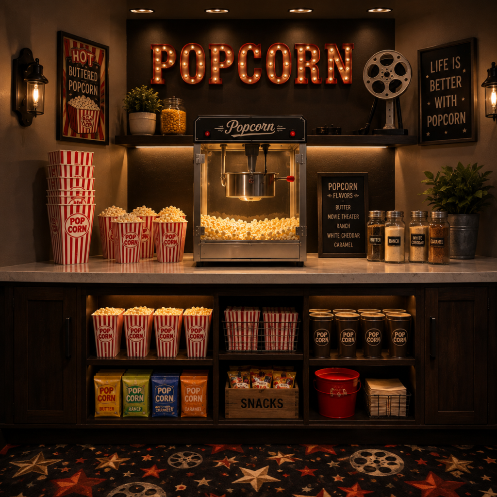A countertop popcorn machine is surrounded by striped popcorn tubs, seasonings, and neatly stored serving supplies.