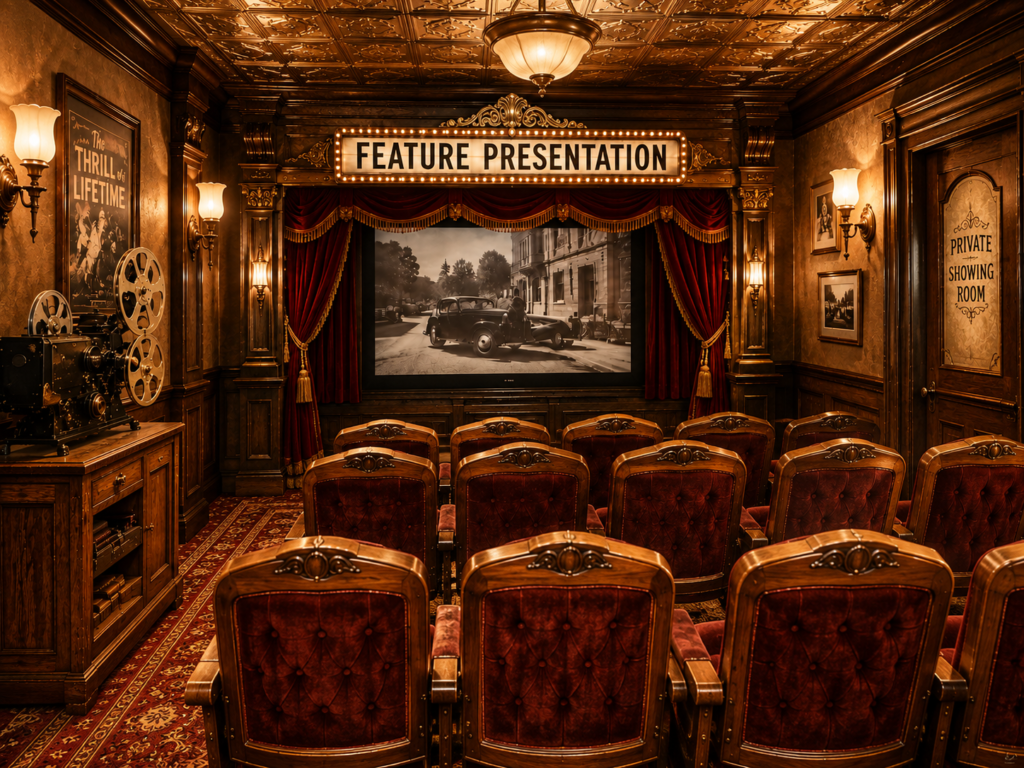 Small vintage home theater with carved wooden movie chairs, burgundy velvet upholstery, ornate tin ceiling, red stage curtains, antique wall sconces, an old film projector, and a glowing Feature Presentation marquee.