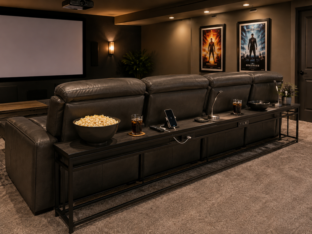 A modern home theater with a long, narrow sofa table positioned directly behind a row of leather recliners. The tabletop holds popcorn, drinks, remotes, a phone charging station, and small movie-night accessories while the seating faces a projection screen, demonstrating a practical behind-the-seating layout for added convenience.