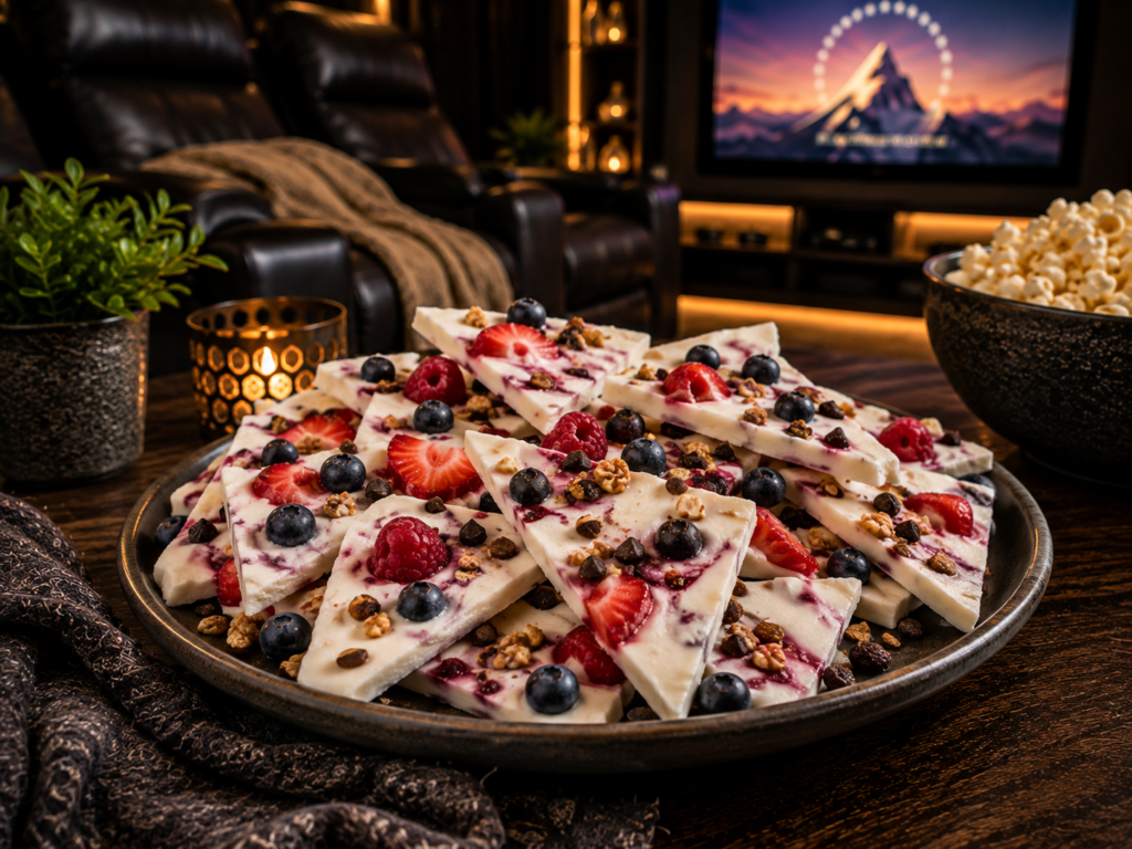 Frozen Greek yogurt bark topped with strawberries, blueberries, raspberries, granola, and dark chocolate served as a healthy movie night dessert.