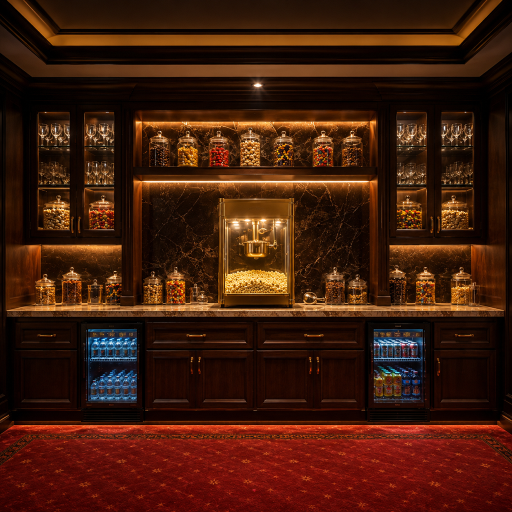 A full-width home theater concession stand includes cabinets, glass-front displays, popcorn machines, beverage coolers, and serving space. great “wow” image near the end