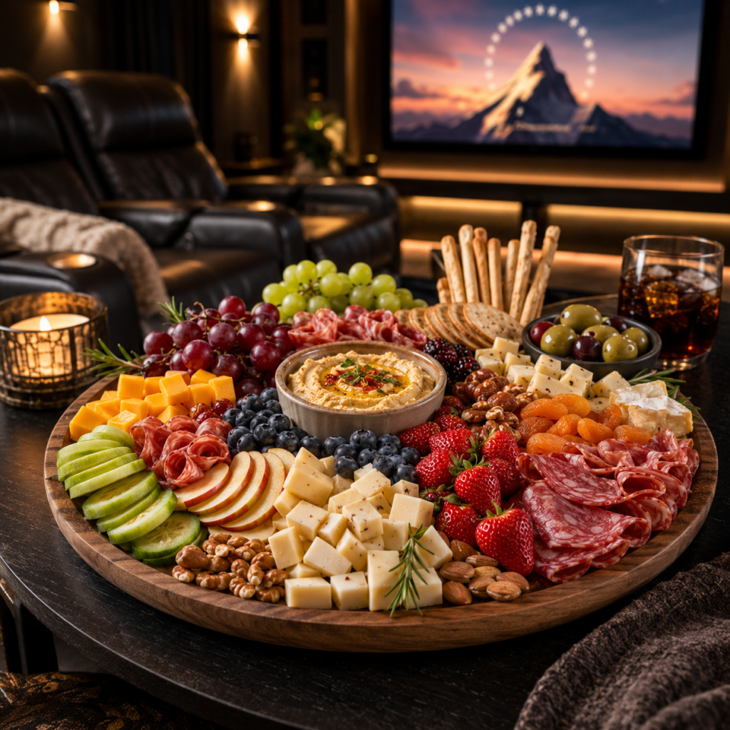Healthy charcuterie board with fresh fruit, vegetables, cheese, crackers, hummus, olives, and nuts displayed on a wooden serving board in a luxury home theater.