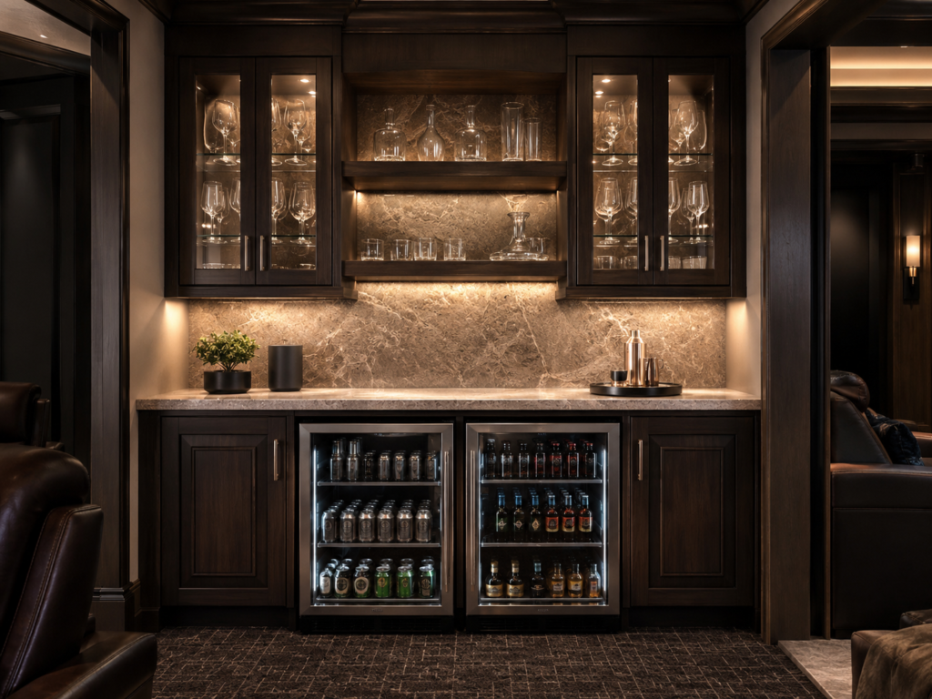 A home theater beverage station features dark cabinetry, glassware, two under-counter drink refrigerators, and soft lighting.