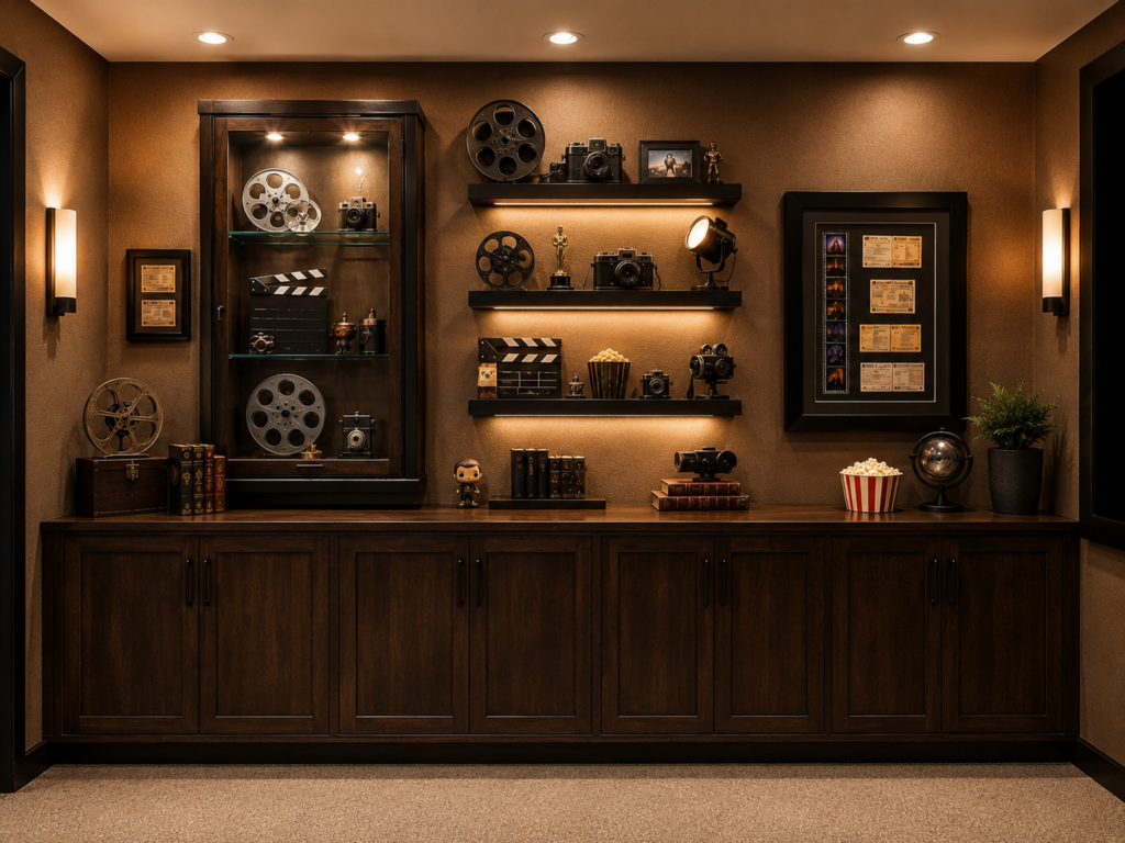 A home theater display wall with closed wood cabinets, illuminated floating shelves, an enclosed collectible case, framed movie tickets, film reels, vintage cameras, and carefully arranged memorabilia.