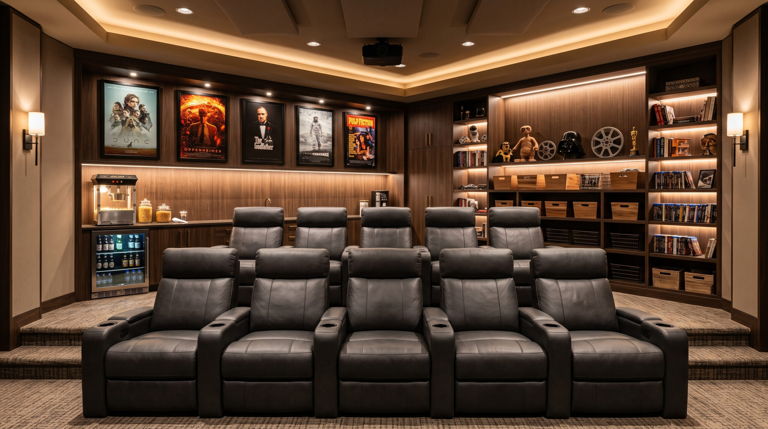 Luxury home theater viewed from the front with two rows of leather recliners facing an unseen movie screen. Behind the seating, a custom back wall features built-in wood cabinetry, illuminated shelving, framed movie artwork, a popcorn station, beverage refrigerator, movie memorabilia, and organized storage baskets.