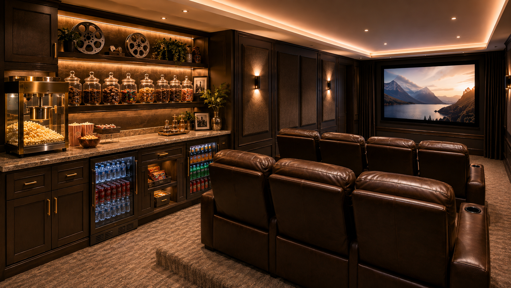 A warm luxury home theater with two rows of leather recliners facing a large screen and a built-in snack bar featuring a popcorn machine, candy jars, beverage refrigerators, and softly lit wood shelving.