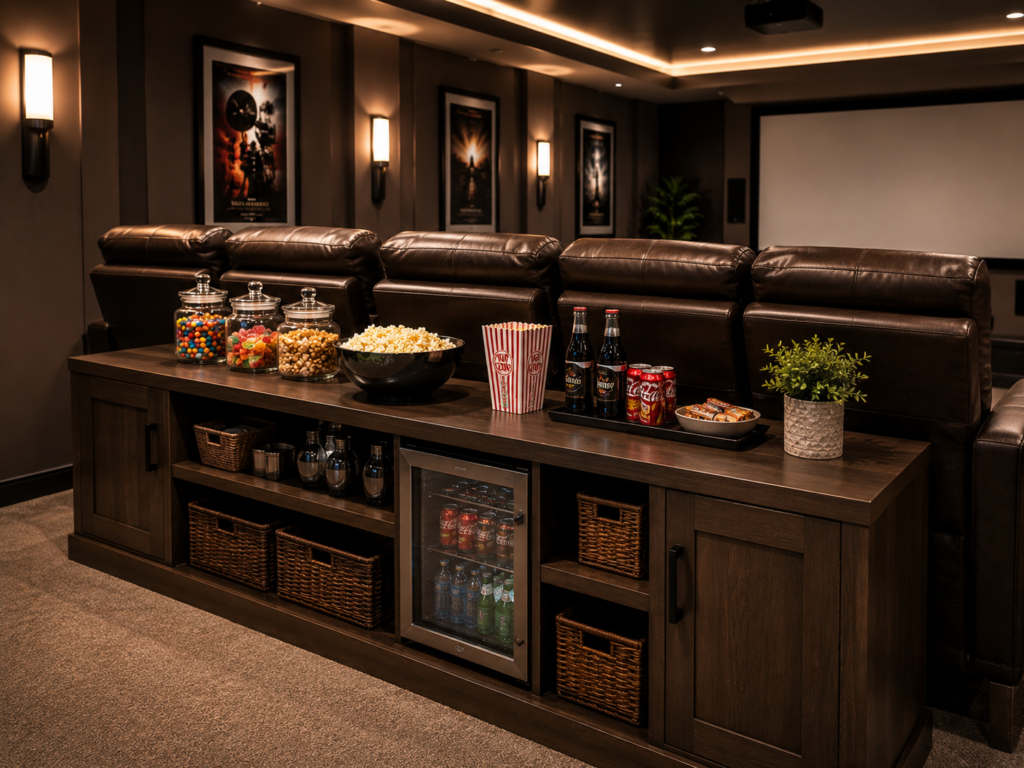 A narrow wood console behind leather theater seating is arranged with popcorn, candy, drinks, and concealed storage.
