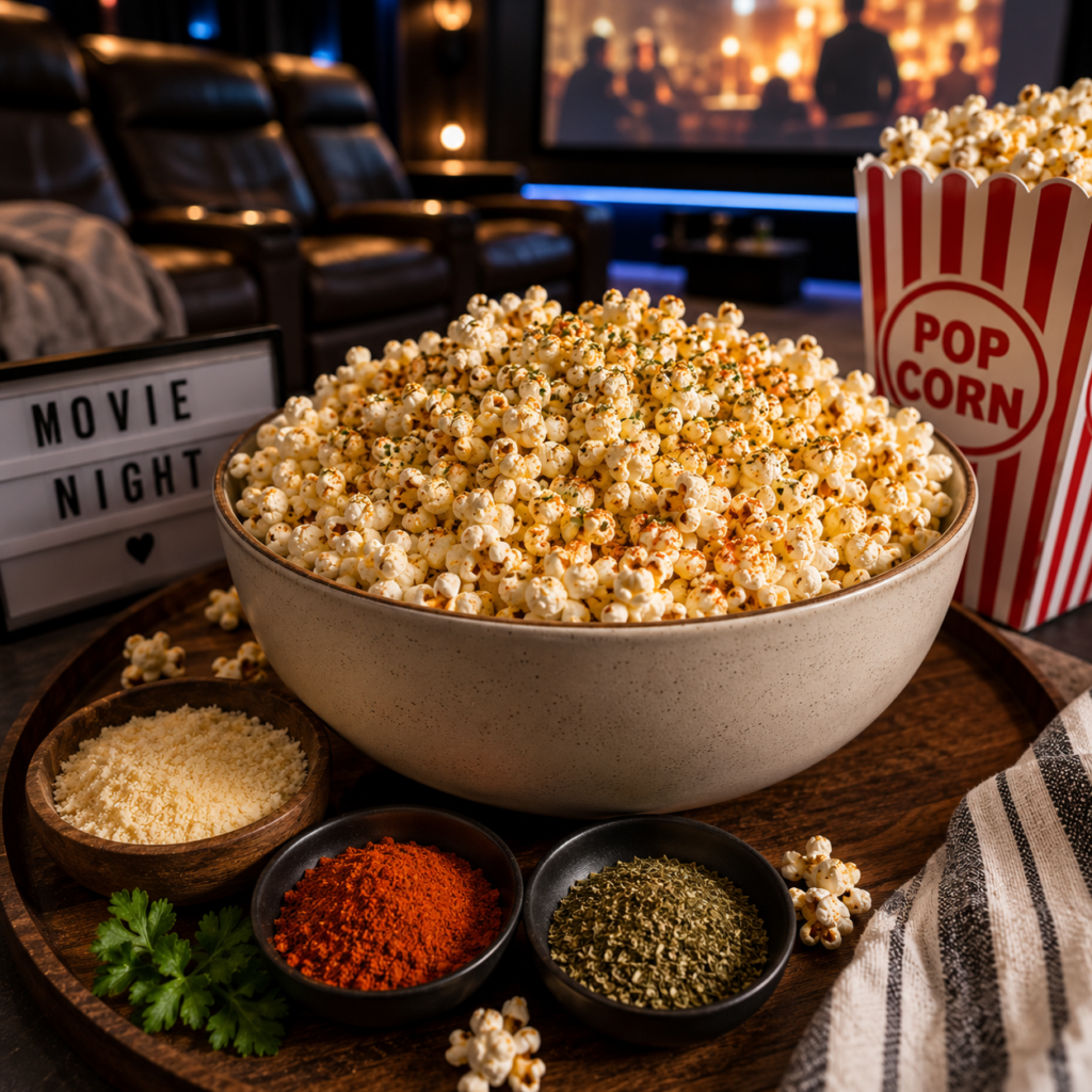 Bowl of seasoned air-popped popcorn with Parmesan cheese, herbs, and spices served on a cozy home theater snack table with movie theater seating in the background.