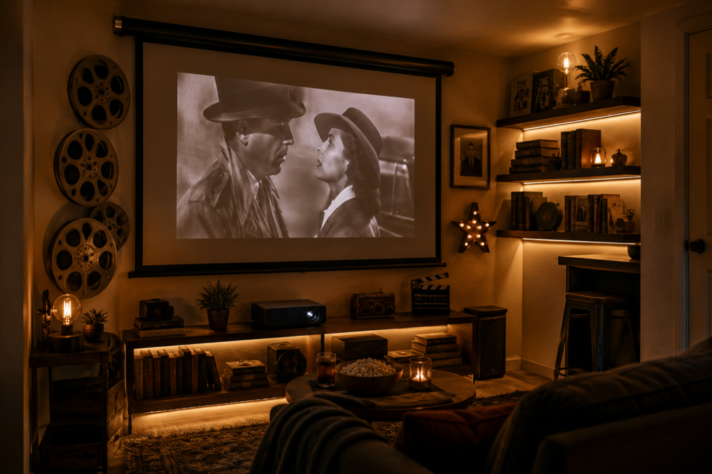 Tiny studio apartment movie nook with a roll-down projector screen, warm lighting beneath built-in shelves, stacked film-reel decor, a vintage camera, cozy seating, and popcorn ready for movie night.