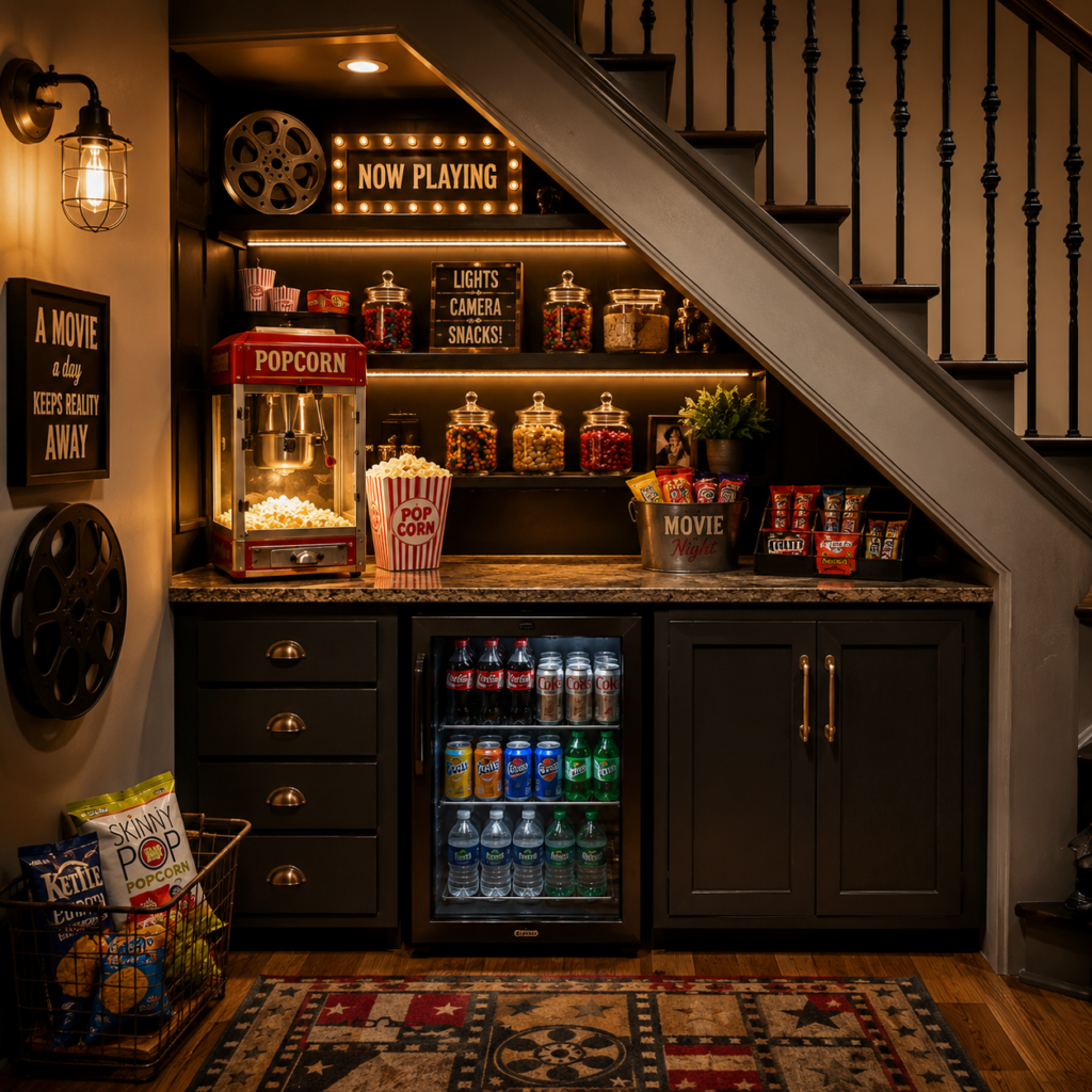 A compact snack station beneath a staircase includes cabinetry, shelves, a beverage refrigerator, and organized treats.