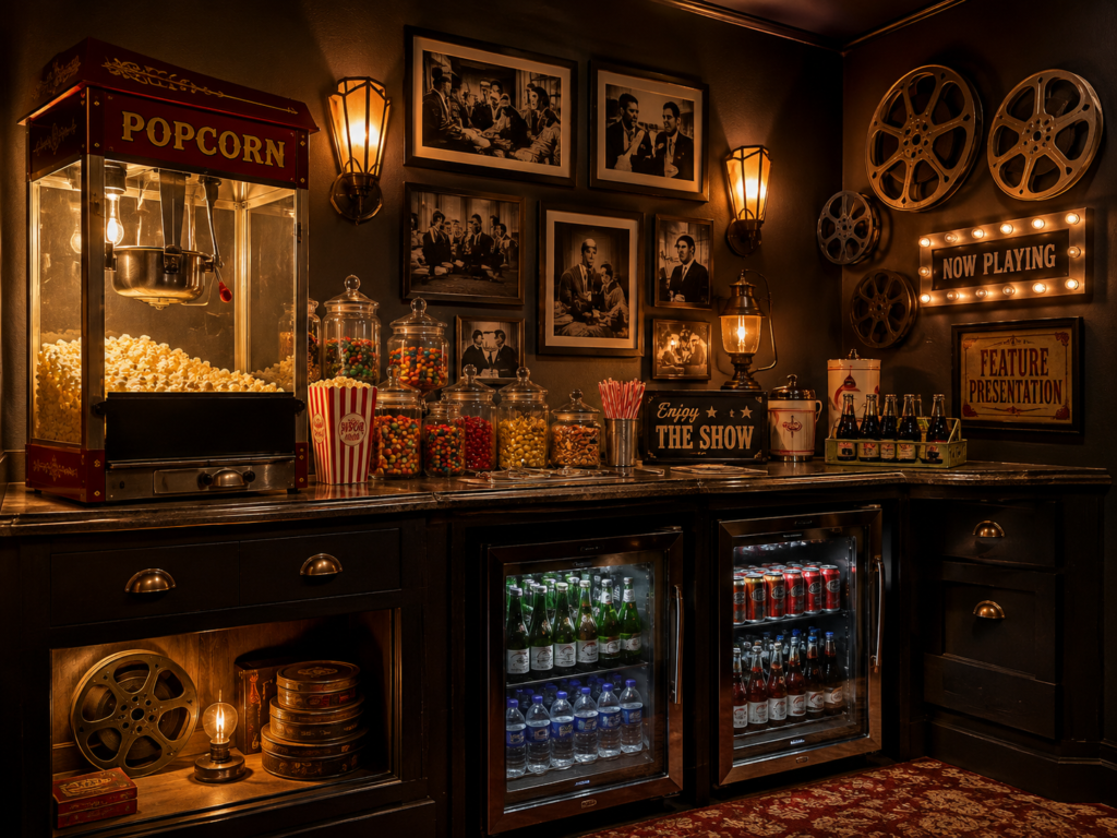 A vintage cinema concession corner combines a popcorn machine, candy jars, framed black-and-white film photographs, and warm sconces.