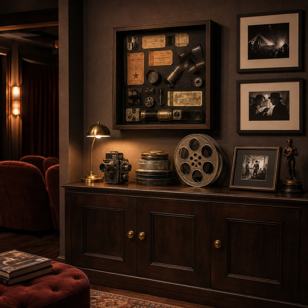 Dark wood cabinet with a vintage cinema memorabilia display featuring old ticket stubs, film reels, a classic camera, framed black-and-white movie stills, and warm accent lighting beside theater seating.