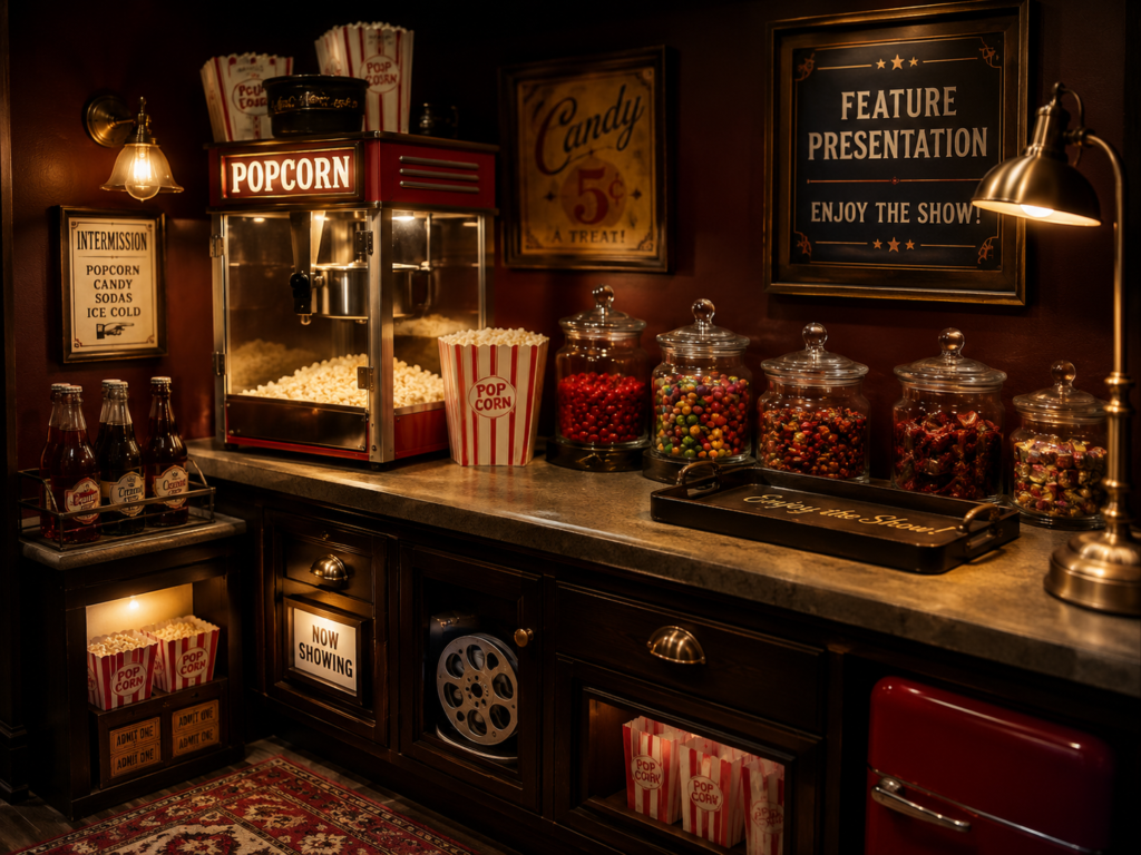 Vintage home theater snack station with a retro popcorn machine, glass candy jars, striped popcorn tubs, dark wood cabinetry, warm lighting, and classic cinema-inspired wall decor.