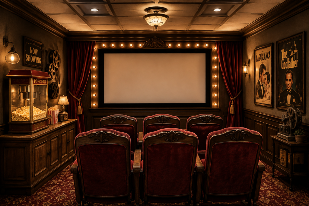 Vintage home theater with carved burgundy seats facing a marquee-lit screen, red velvet curtains, dark wood cabinetry, warm sconces, a retro popcorn machine, film reels, and classic movie-inspired decor.