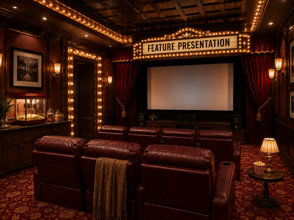 Vintage home theater with burgundy recliners facing a large screen, red velvet curtains, dark wood paneling, warm marquee lighting, and an illuminated Feature Presentation sign above the screen.