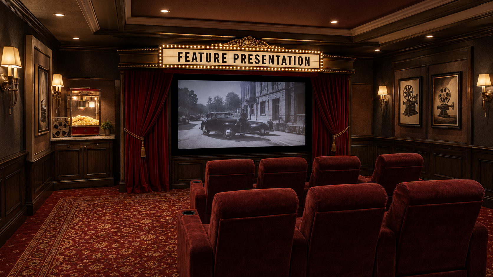 Vintage home theater with burgundy recliners facing a large screen framed by red velvet curtains, dark wood paneling, warm sconces, a retro popcorn station, and an illuminated Feature Presentation marquee above the screen.