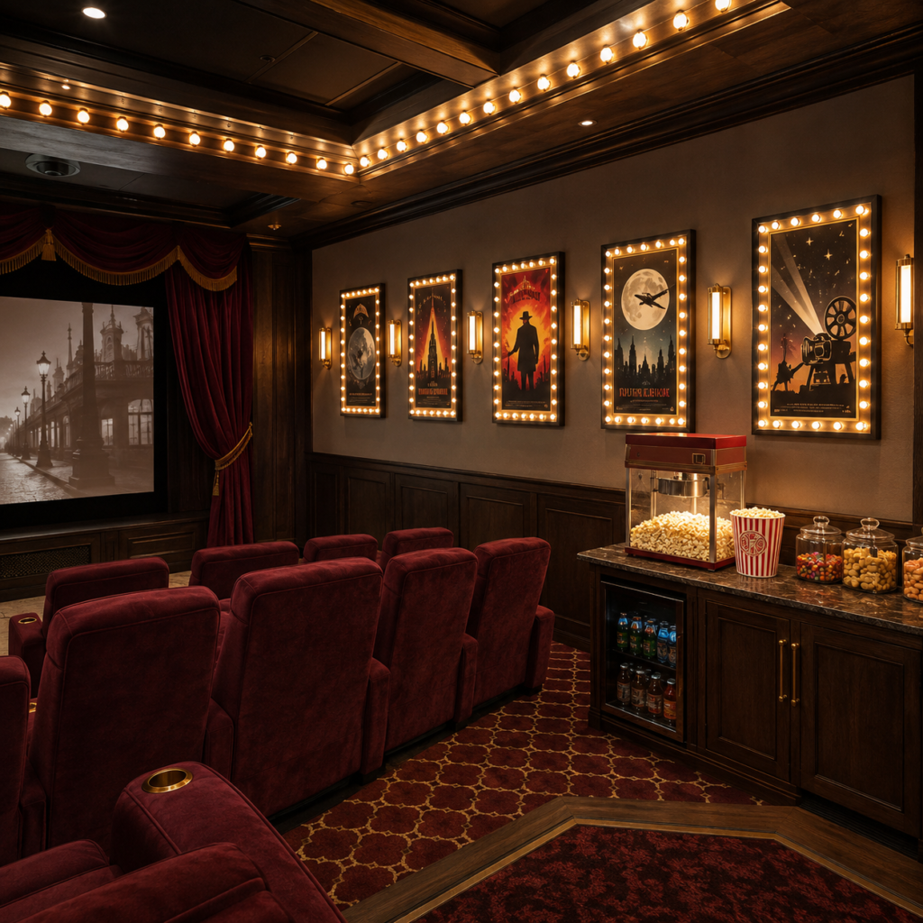 Vintage home theater with burgundy recliners facing the screen, illuminated movie-inspired poster frames, warm marquee-style ceiling lights, red velvet curtains, dark wood paneling, and a compact popcorn station.