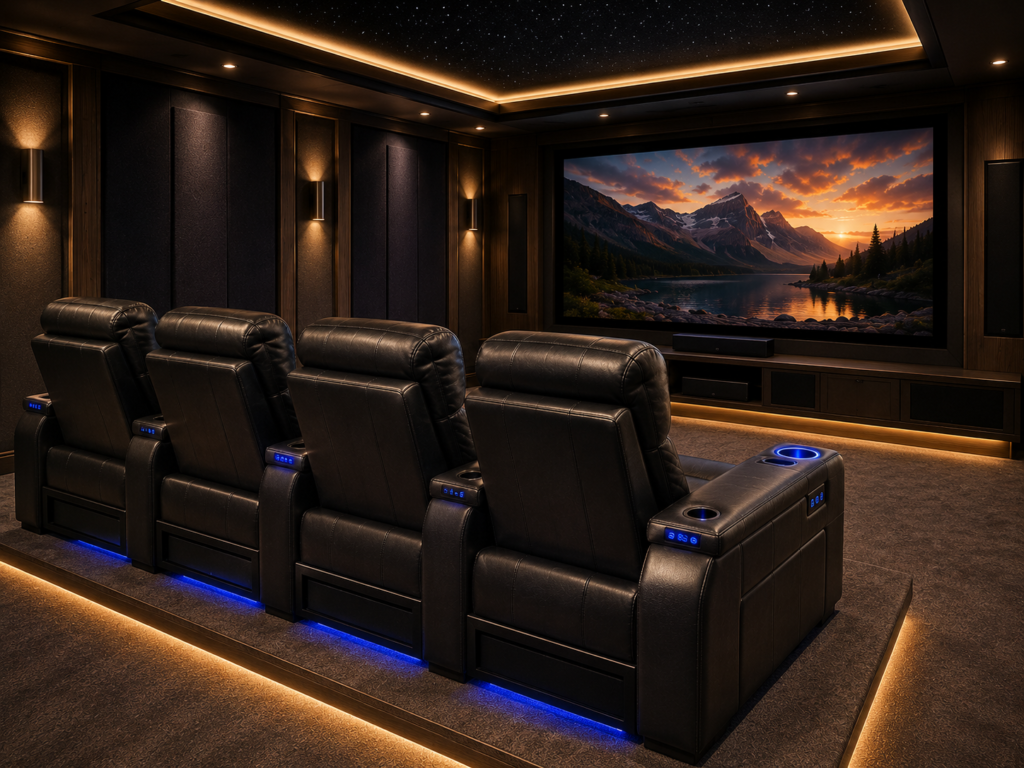 Four black leather home theater recliners with illuminated controls and cup holders arranged in a row facing a large movie screen.