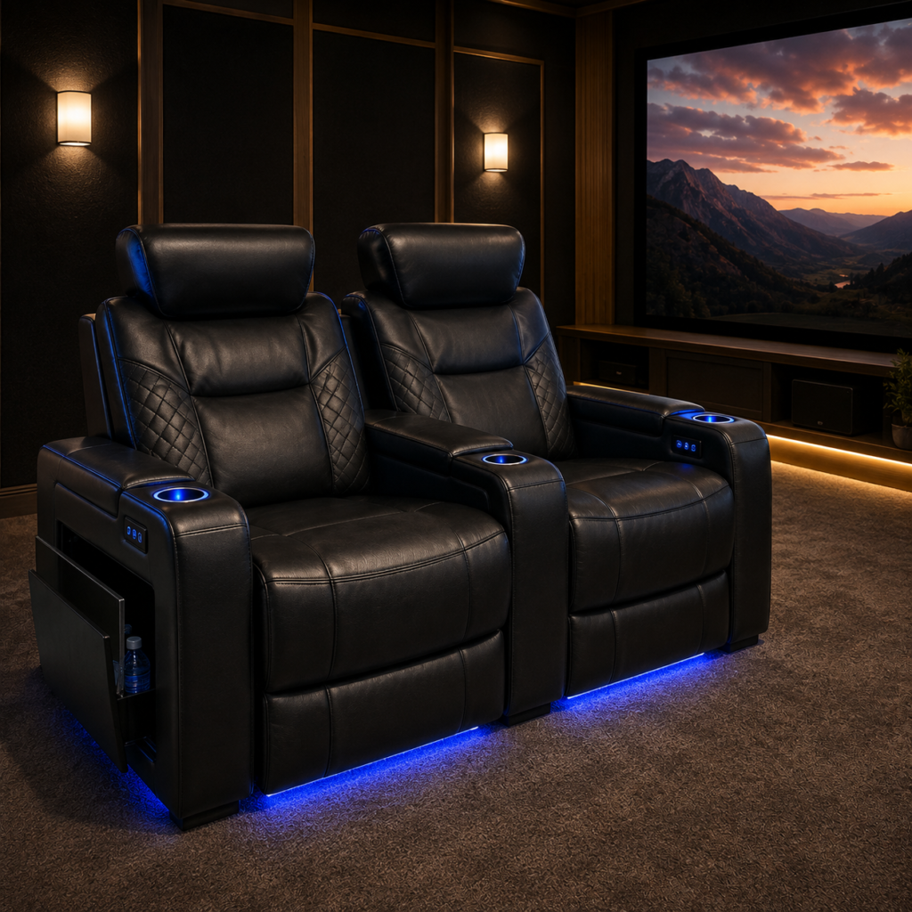 Two black power home theater recliners with adjustable headrests, cup holders, storage, and blue accent lighting in a dedicated movie room.