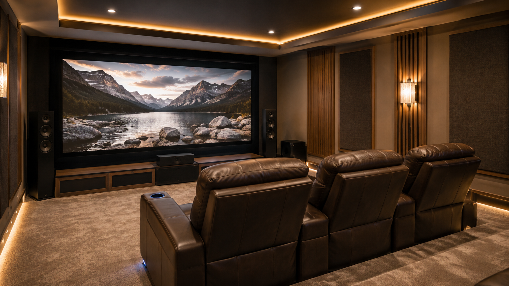 Polished dedicated home theater with comfortable leather reclining seats arranged in a functional row facing a large movie screen.