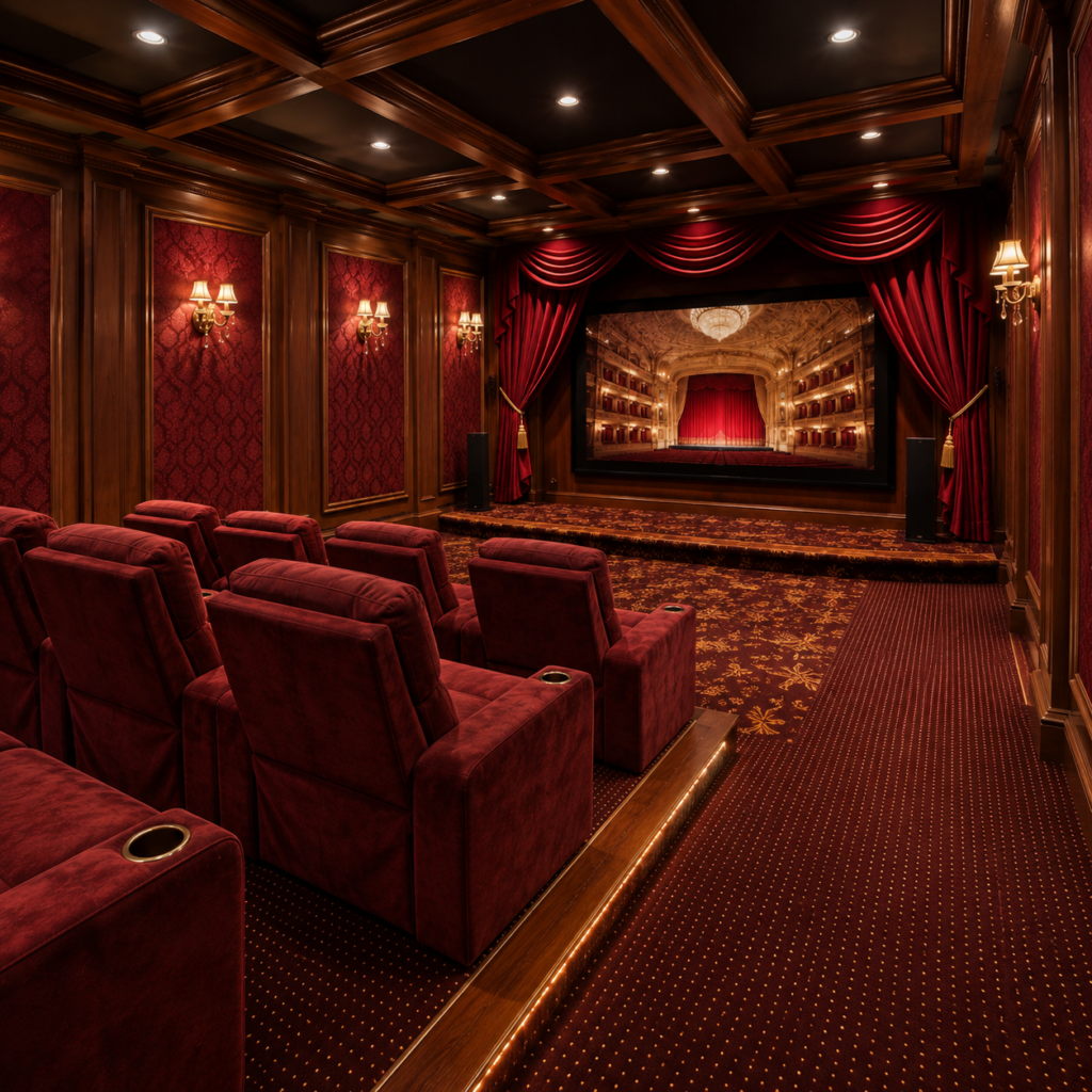 Burgundy home theater with velvet recliners, jewel-toned curtains, dark wood coffered ceiling, brass sconces, patterned carpet, and a large screen showing an elegant opera house interior.