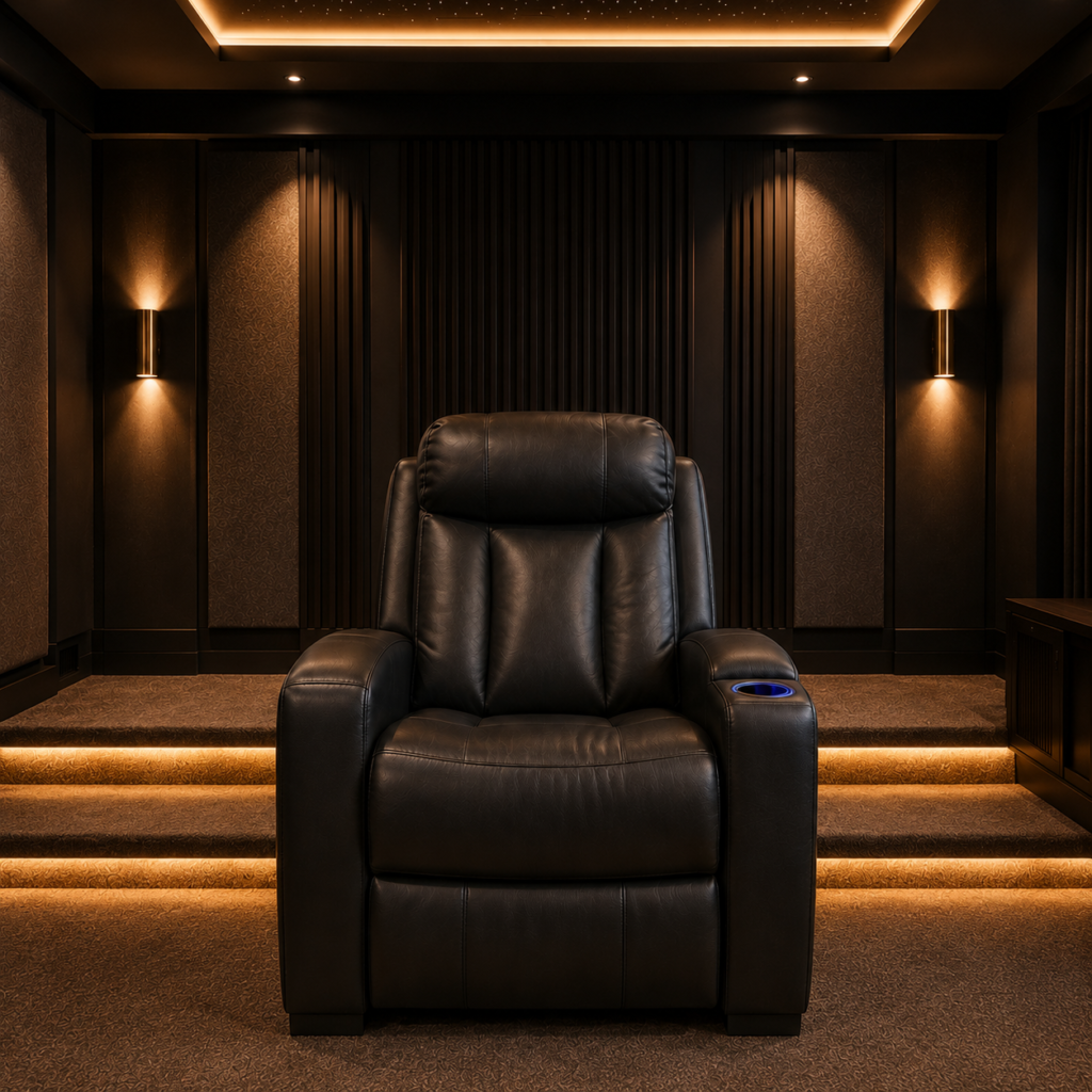 Single black power recliner with a built-in cup holder centered in a warm, modern home theater with acoustic wall panels and soft ambient lighting.