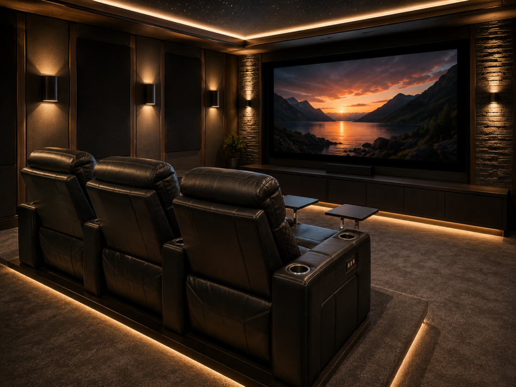 Three premium leather theater recliners with cup holders and tray tables arranged in a dedicated home cinema facing a large screen.