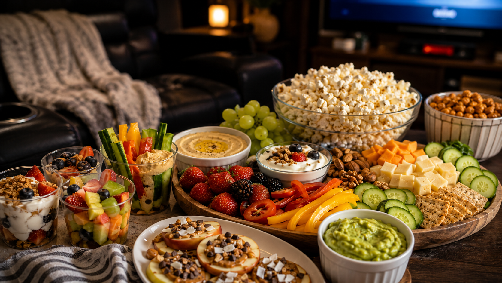 Healthy movie night snack spread with seasoned popcorn, fresh fruit, vegetables, hummus, guacamole, yogurt parfaits, cheese, crackers, roasted chickpeas, and apple snacks arranged in a cozy home theater.
