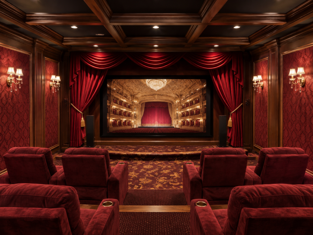 Opera-inspired home theater with burgundy velvet recliners, tied-back jewel-toned curtains, a slightly raised stage, patterned carpet, dark wood paneling, and a large screen displaying an ornate opera house interior.