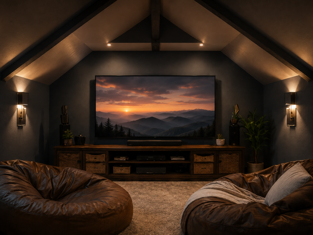 Small attic-style movie room with sloped ceilings, low media storage, oversized lounge seating, warm wall lighting, and a large screen at the front.