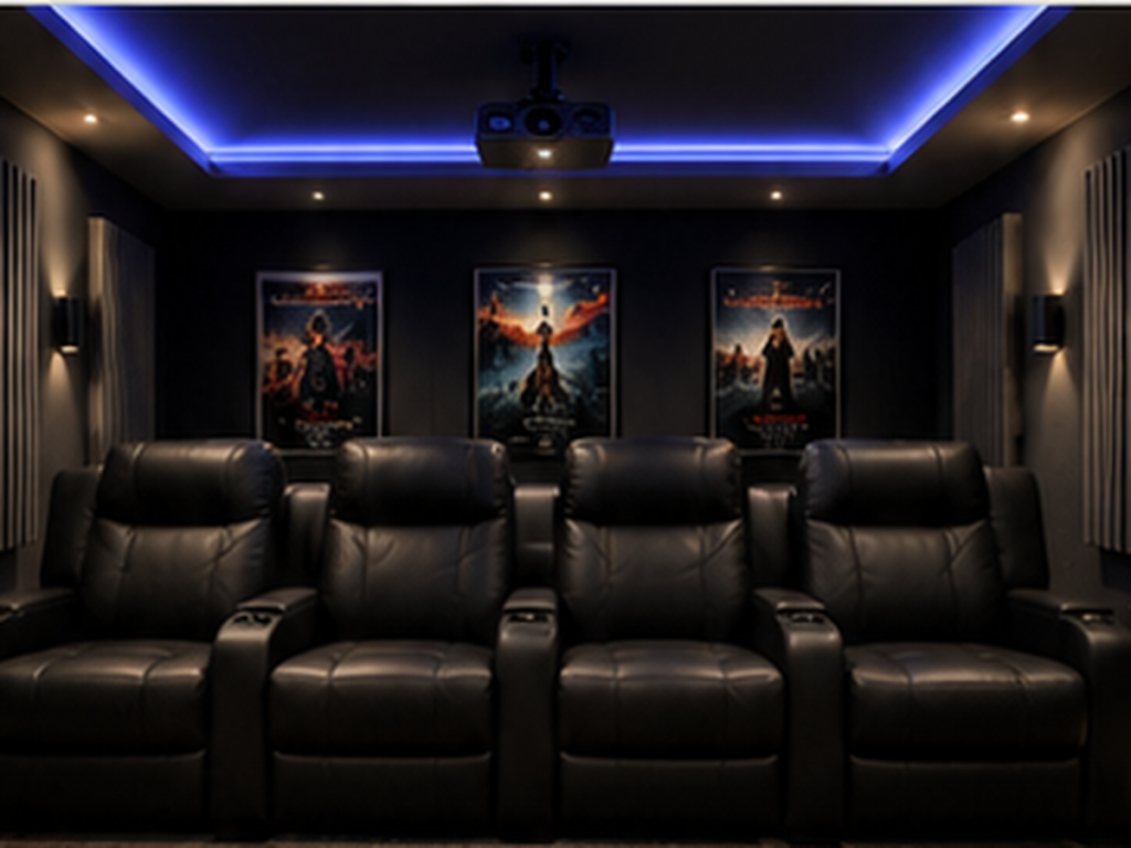 Compact home theater with four black leather recliners in a single row, dark walls, acoustic panels, a ceiling-mounted projector, and blue accent lighting.