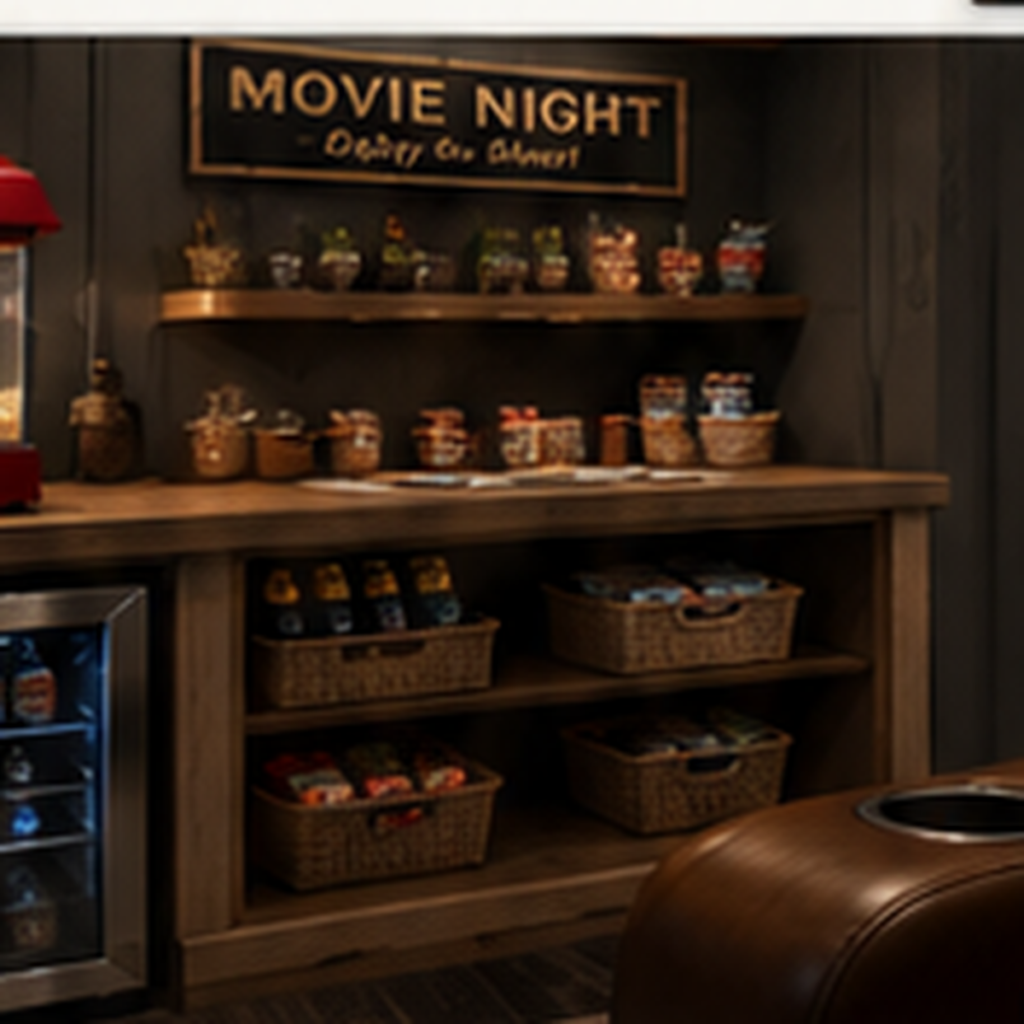 Compact home theater snack station with open shelving, baskets, candy containers, a popcorn machine, mini fridge, and the side of a leather theater recliner.