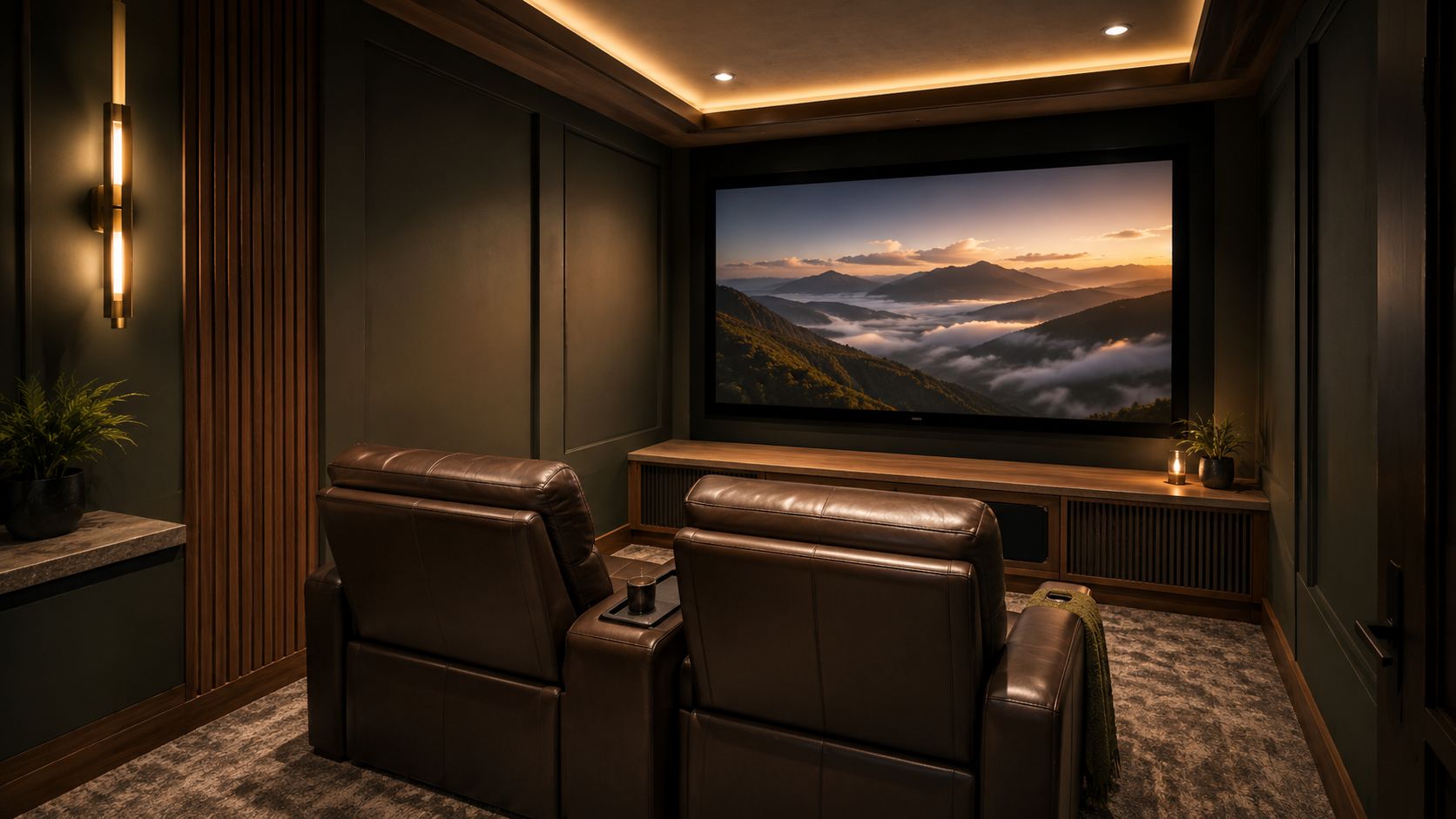 Compact home theater with two brown leather recliners facing a large movie screen, dark olive walls, warm wood accents, vertical slat paneling, and soft ambient lighting.