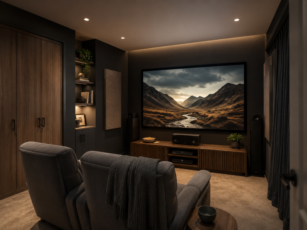 Compact home theater with two lounge chairs facing a large wall-mounted TV, dark walls, wood cabinetry, acoustic panels, and warm recessed lighting.