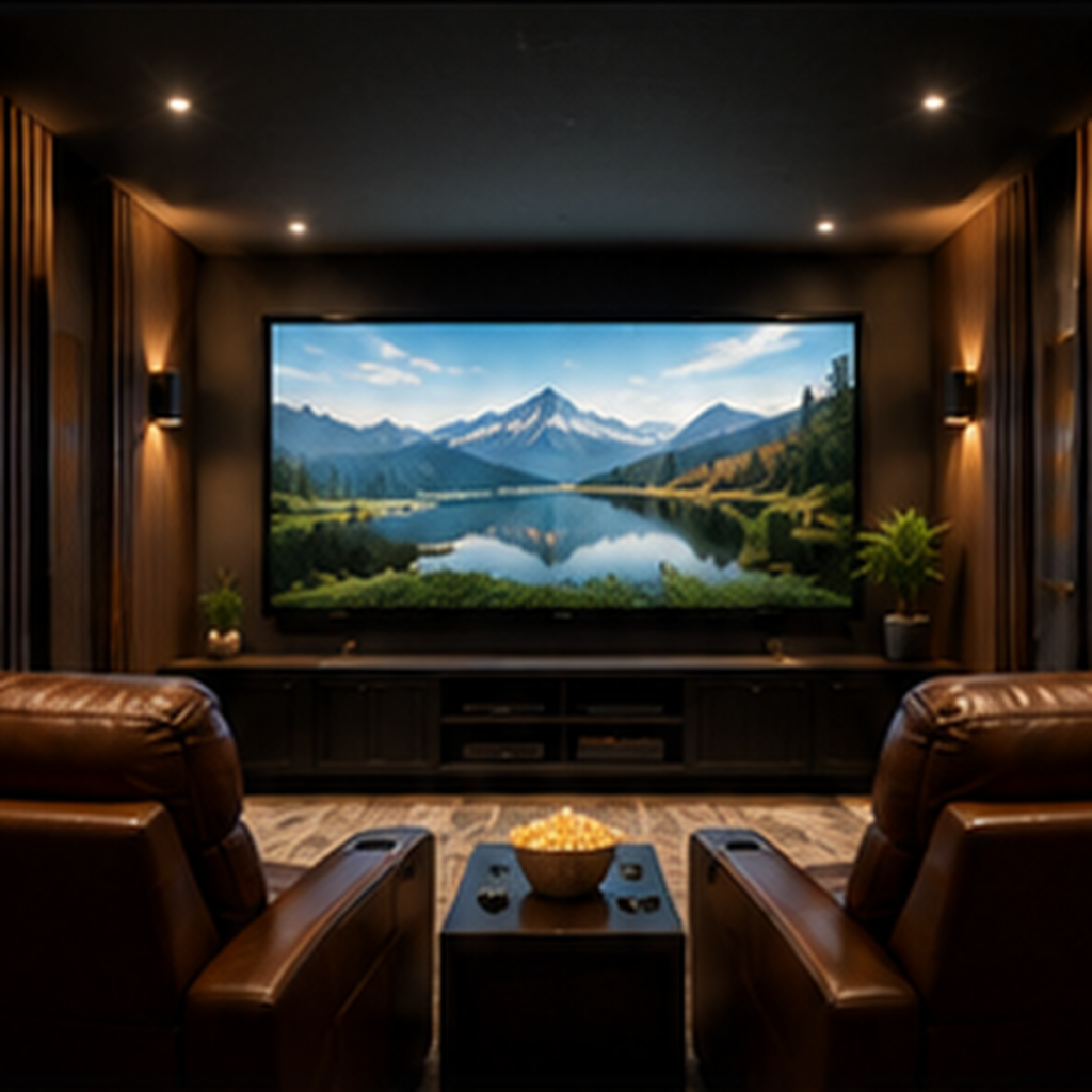 Small home theater with two brown leather recliners facing a large screen, warm wall sconces, wood accents, and a narrow table with popcorn between the seats.