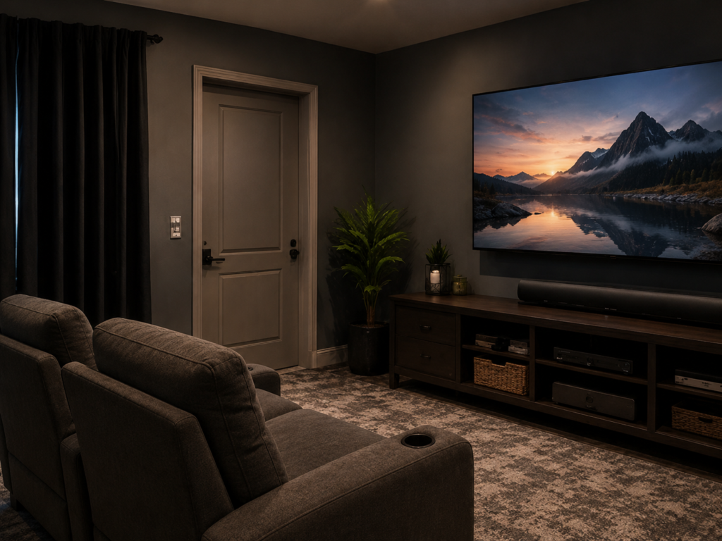Small spare-bedroom home theater converted into a dedicated movie room with two compact recliners facing a large wall-mounted TV, dark curtains, low media storage, and warm lighting.