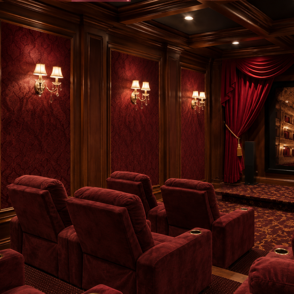 Jewel-toned home theater with burgundy velvet recliners, dark wood wall paneling, warm brass sconces, patterned wall insets, and rich red curtains near the screen wall.