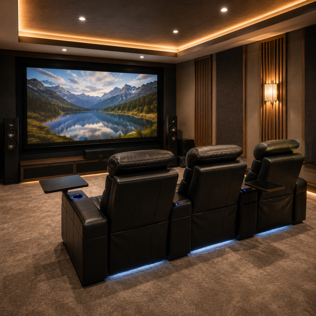 Three black leather home theater recliners with powered headrests and tray tables facing a large screen in a warm dedicated cinema.