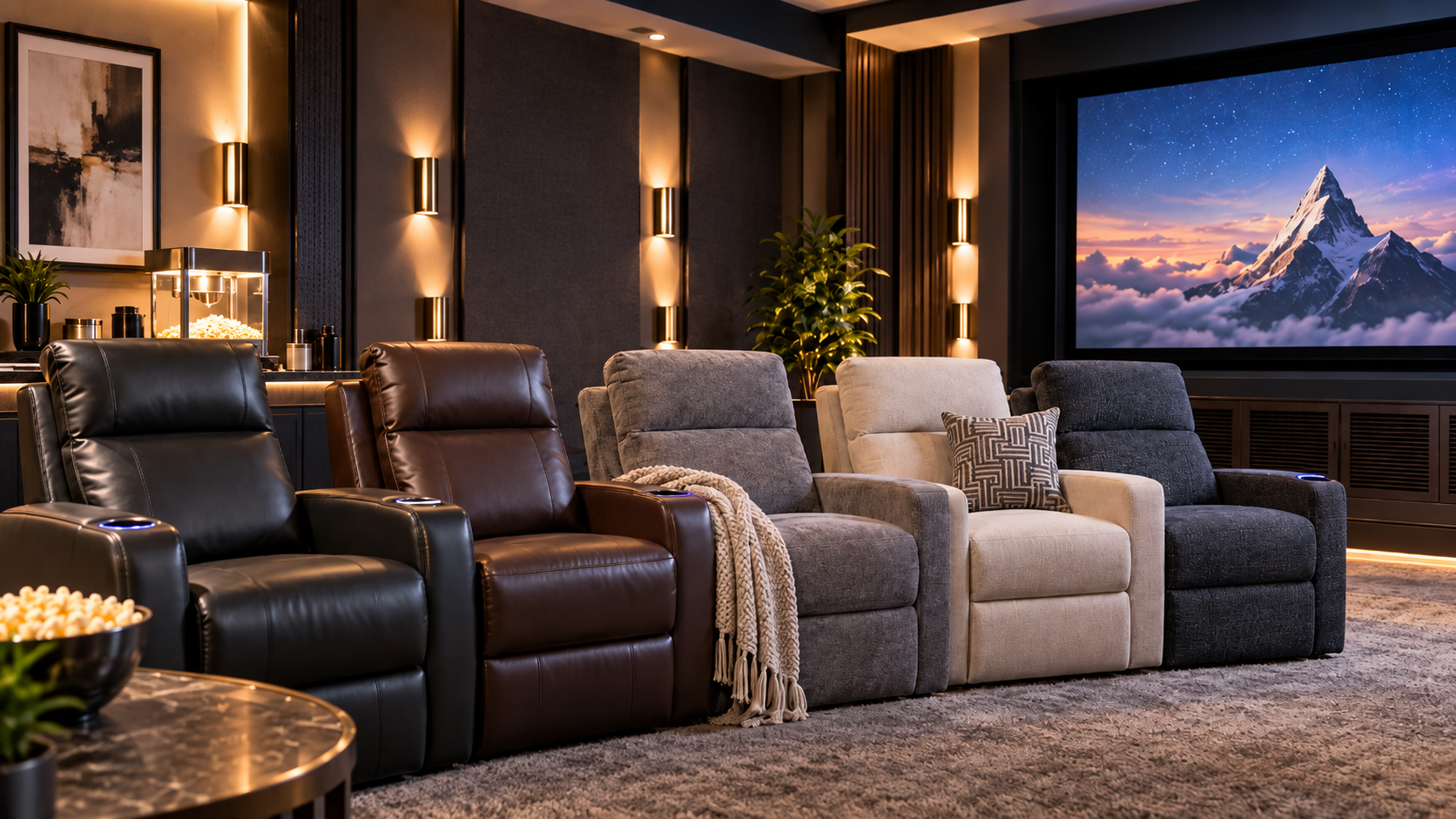 Home theater with a row of recliners in black leather, brown leather, gray microfiber, cream fabric, and charcoal fabric facing a large movie screen.